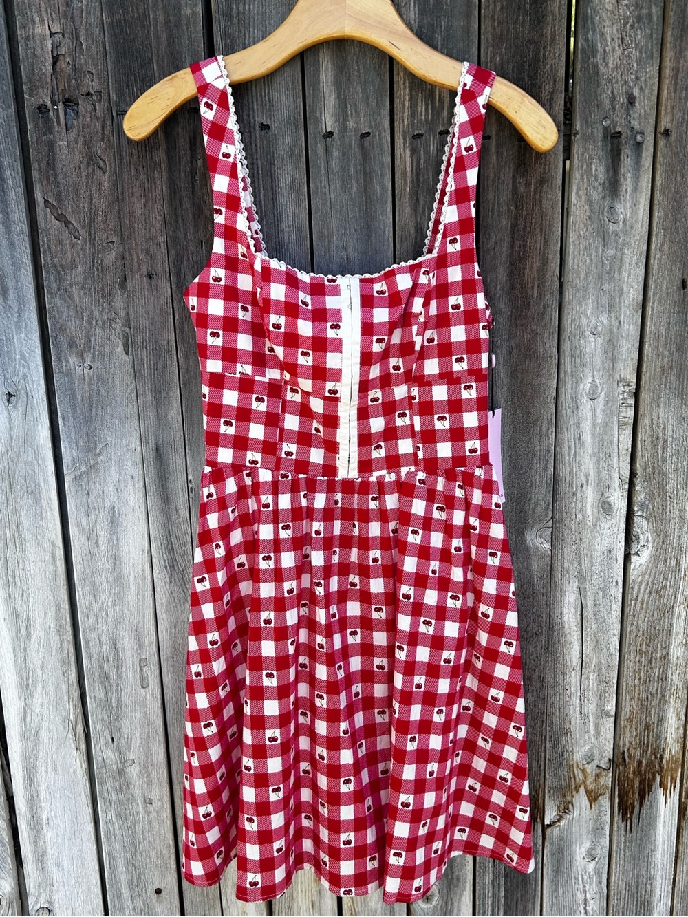 NWT Avec Les Filles Gingham Cherry Fit & Flare Mini Dress Cotton Spandex Red 8